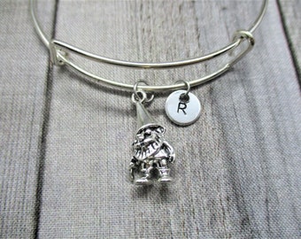 Gnome Charm Bangle Bracelet Gnome Bracelet Hand Stamped Initial Bangle Bracelet Gnome Jewelry Gifts for Her Fantasy Lovers Gift