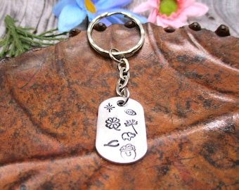 May include: Silver keychain with a dog tag charm featuring a variety of engraved symbols, including a four-leaf clover, an eye, a dandelion, a horseshoe, a pig, and a pot of gold.