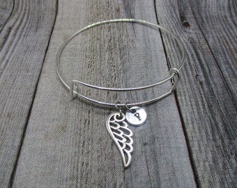 Wing Charm Bracelet  Initial Guardian Angel Wing Bracelet  Adjustable Angel Wing Jewelry Gifts For Her