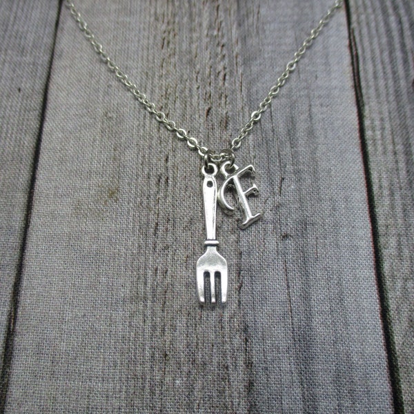 Initial Fork Necklace, Personalized Food Necklace, Fork Jewelry, Utensil Necklace, Letter  Kitchen Necklace, Cook Gift