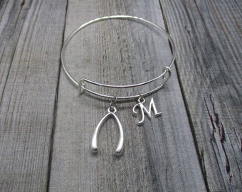 Wishbone Charm Bracelet Wishbone Bangle Bracelet W/ Initial Adjustable Foodie Gift Wish Bracelet Wish Bone Jewelry