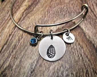 Pinecone Charm Bracelet W/ Birthstone Hand Stamped Forest Bangle Bracelet Pine Cone Jewelry Gift for Her Birthday