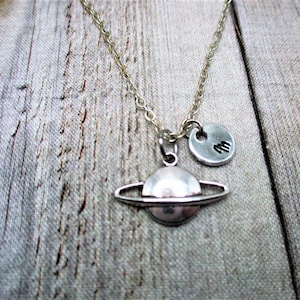Saturn Necklace Customized Hand Stamped Letter Initial Lunar Gift for Her Mystic Celestial Jewelry Saturn Jewelry