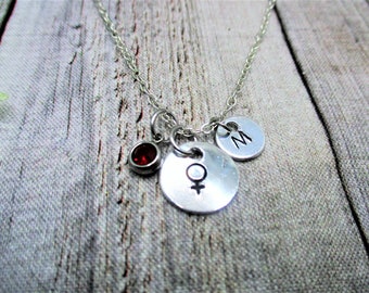 Female Symbol Necklace Customized Hand Stamped Letter Initial Venus Necklace Gift for Her Birthstone Jewelry