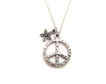 Flower and Peace Sign Necklace  Flower Power Peace Necklace Gifts For Her
