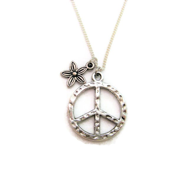 Flower and Peace Sign Necklace  Flower Power Peace Necklace Gifts For Her