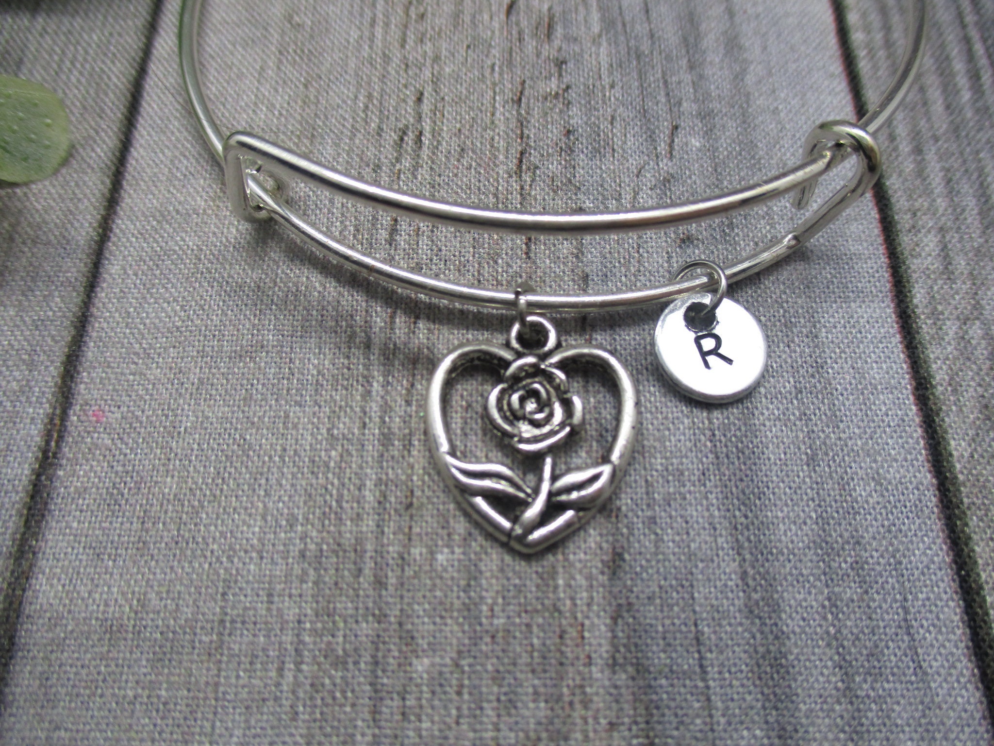 Rose Charm Bracelet Personalized Initial Bangle Heart Jewelry Etsy UK