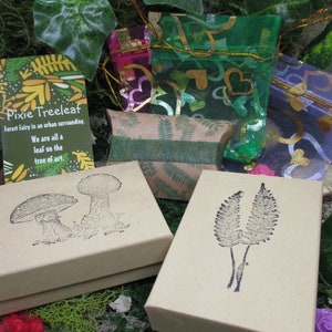 May include: Two small brown boxes with different designs. One box has a mushroom illustration and the other has a fern illustration. The boxes are surrounded by green moss and a card with the text "Pixie Treeleaf Forest Fairy in an urban surrounding. We are all a leaf on the tree of art."