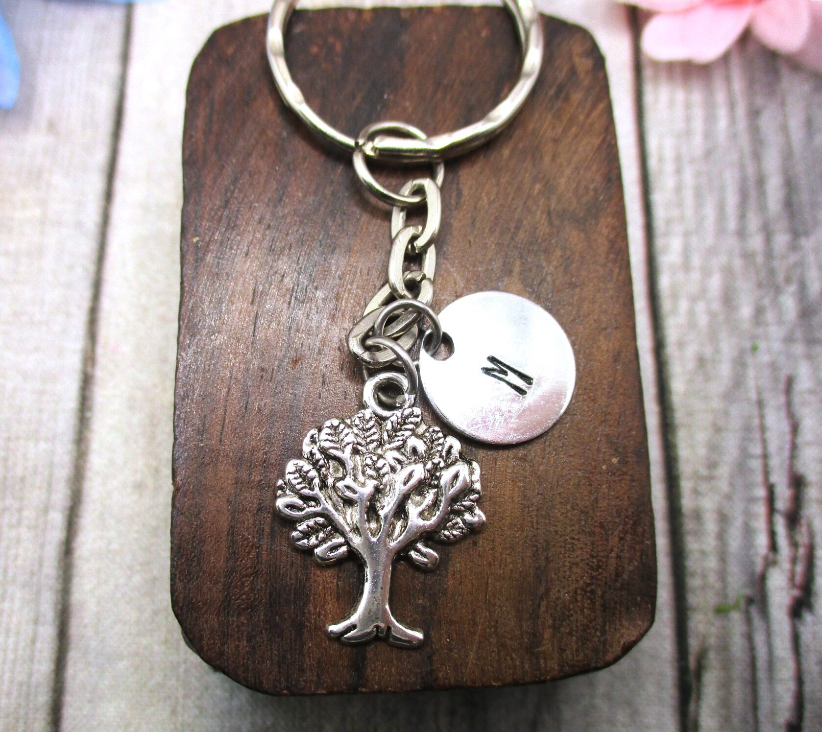 May Tree Keychain Personalized Tree of Life Keychain, Initial Charm, Silver Tree, Custom ...