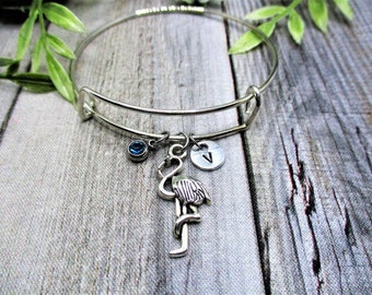 Flamingo Bracelet W/ Birthstone Bird Lovers Initial Bangle Bracelet Animal Jewelry Gift for Her Birthday Animal Bracelet