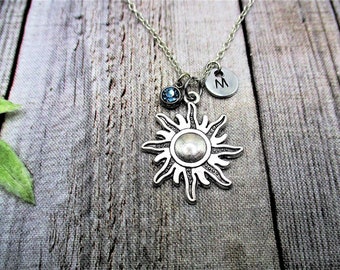 Sun Necklace W/ Birthstone Hand Stamped Initial Celestial Necklace Solar Necklace