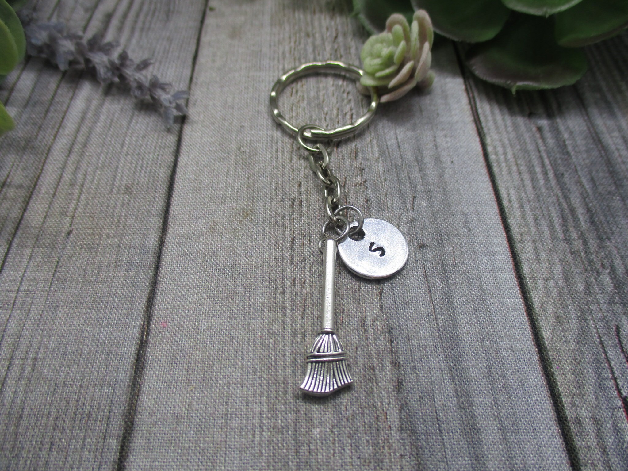 Broom Keychain Broom Gift Hand Stamped Inital Keychain Etsy