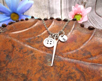 Sewing Necklace Personalized Gifts For  Her  Letter Initial  Handstamped Button and Sewing Needle Necklace