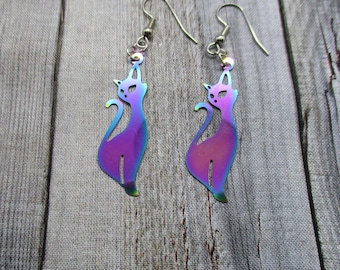Rainbow Cat Earrings Stainless Steel Elctroplate Cat Jewelry Cat Dangle Earrings Cat Lovers Gifts For Her