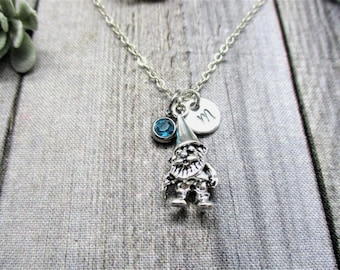 Gnome Necklace Customized Hand Stamped Letter Initial Fantasy Lovers Gift for Her Gnome Jewelry Birth Month Birthstone