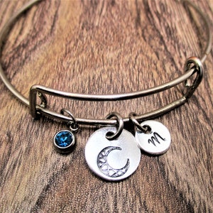 Crescent Moon Charm Bangle Bracelet W/ Birthstone Initial Half Moon Personalized Gifts For Her