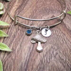 May include: A silver charm bracelet with a mushroom charm, a blue crystal charm, and a silver charm with the letter "J" on it.
