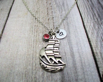 Ship Necklace Sail Boat Necklace W/ Birthstone Hand Stamped Initial Sail Boat  Jewelry Boat Gift Ocean Lovers Gift Nautical Jewelry