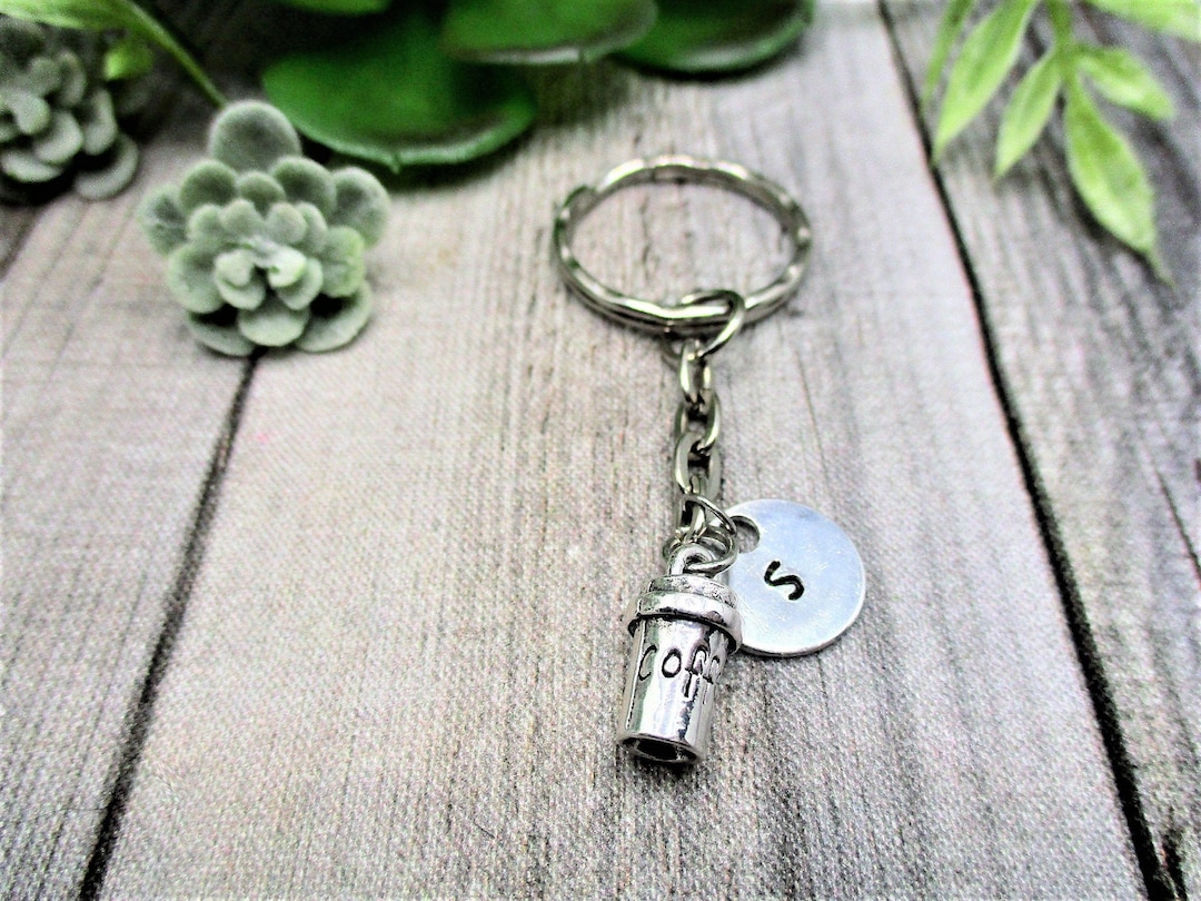 Coffee Cup Keychain Personalized Keychain Inital Coffee Keychain Coffee