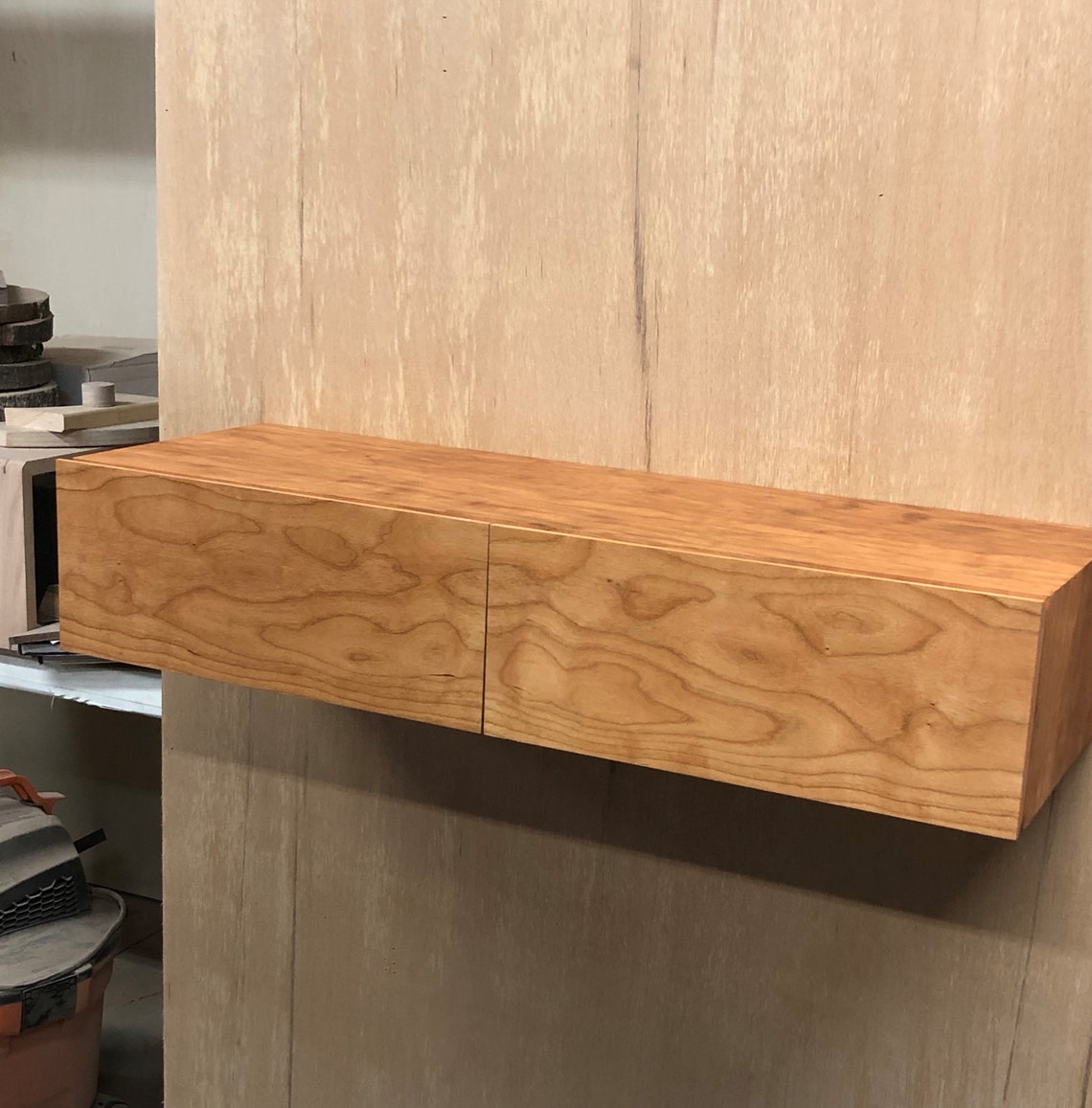 Solid Curly Cherry Wall Shelf With Leather Lined Drawers Etsy