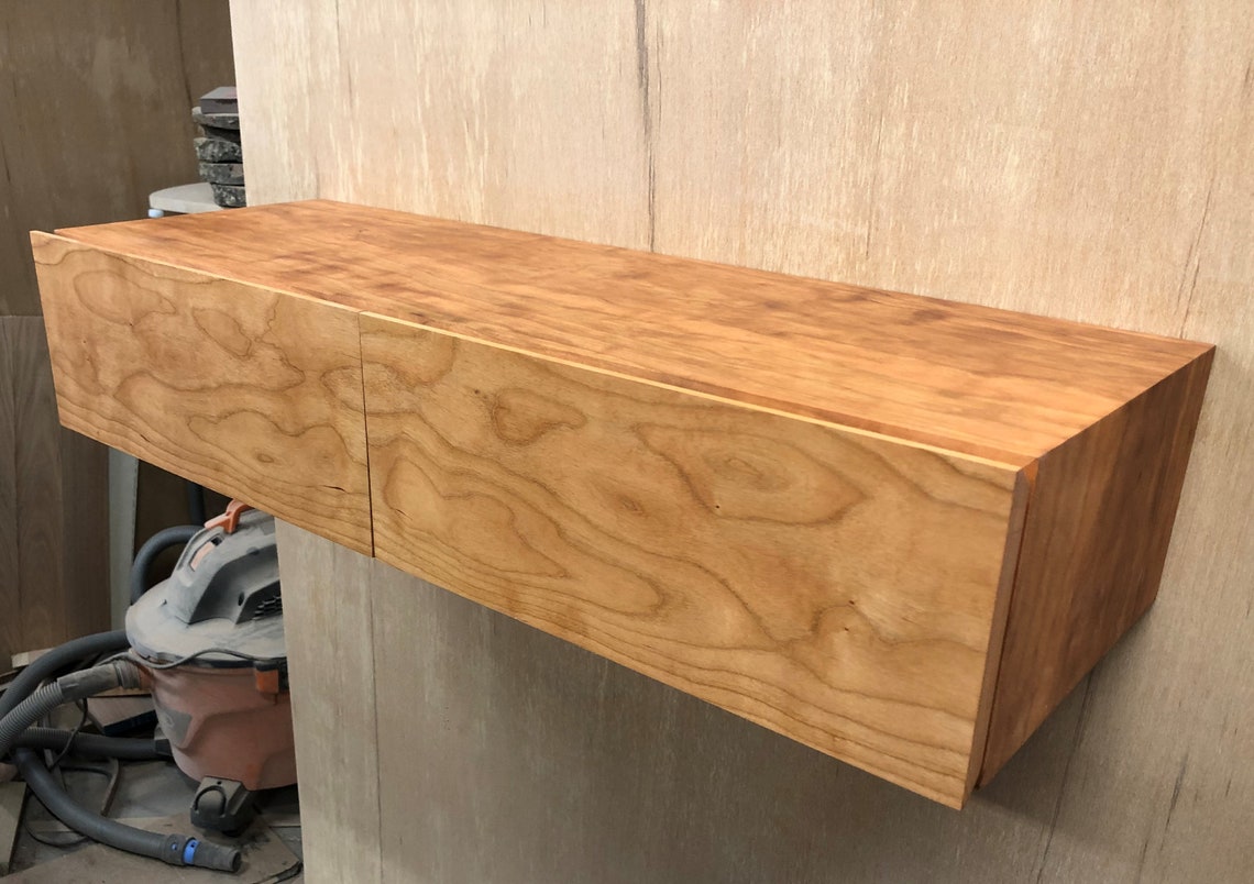Solid Curly Cherry Wall Shelf With Leather Lined Drawers Etsy