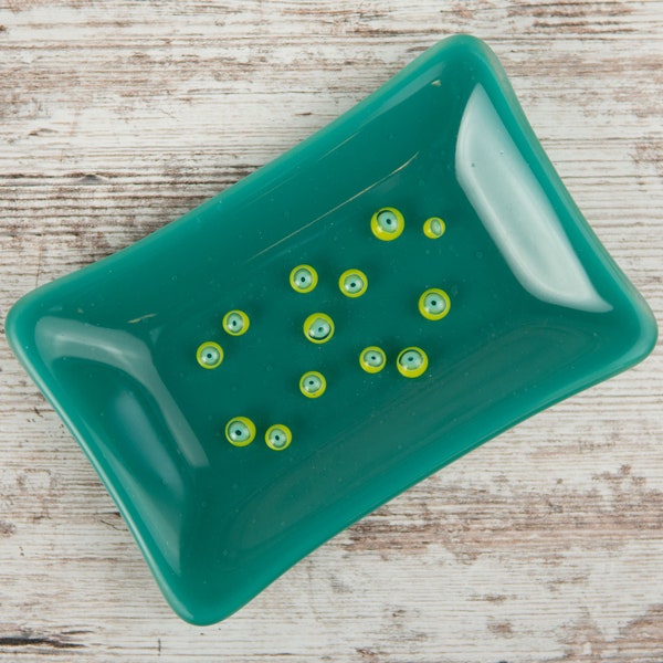 Fused Glass Soap or Trinket Dish in Teal and Green