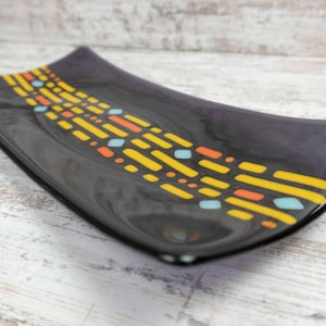 Large Fused Glass Platter in Purple, Yellow, Orange and Blue