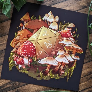 May include: A gold twenty-sided die surrounded by a variety of mushrooms in shades of brown, red, and white. The mushrooms are arranged in a circular pattern on a dark background.