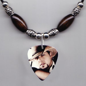 Jason Aldean Photo Guitar Pick Necklace Dark Brown Beads image 1