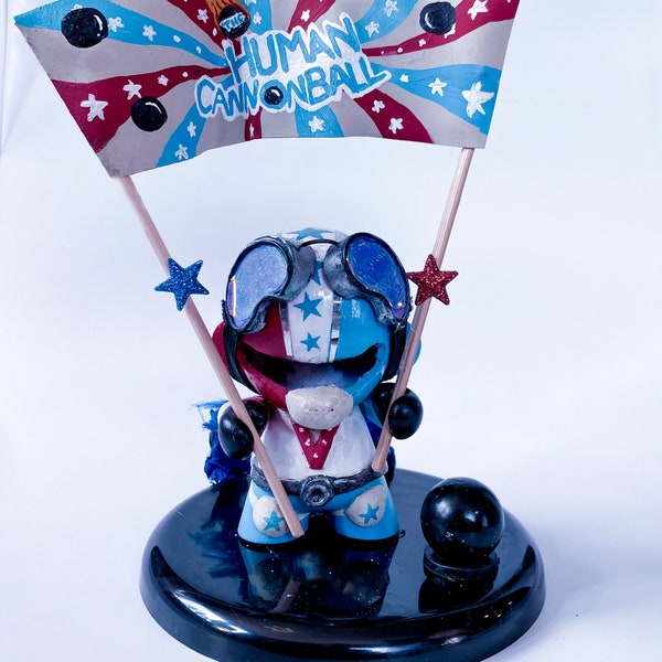 Human Cannonball Custom Carnival Kidrobot Munny Dunny figure 4" | With Cape, Stand, Cannonball, Goggles & Banner