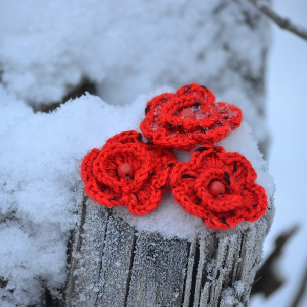 3 red/black dots crochet motif applique embellishment flowers with beads