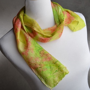 Hand Painted Silk Scarf Coral Green 7&quot; X 50&quot; Silk Scarf by Angi&#39;s Silks AS15