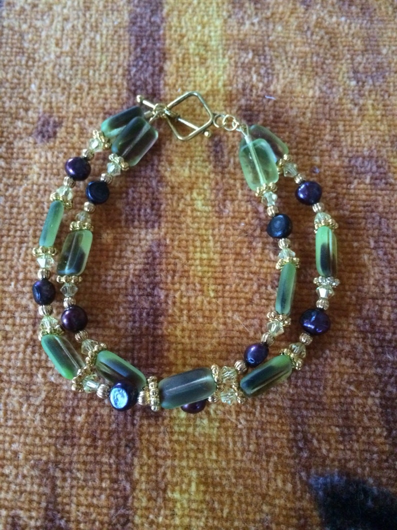 Stunning plum and lime/lemon czech double strand bracelet with Etsy