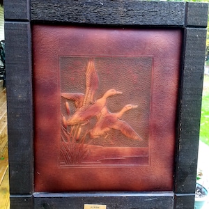 Embossed Leather Duck Wall Art Picture in Barn Wood Hunting Cabin Mallard Cave