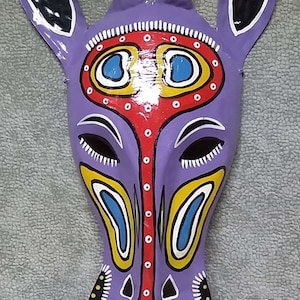 Tribal Zimbabwe Giraffe Mask Metal Wall Hanging 17” X 5.5” Very Colorful