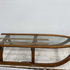 Antique Sled Coffee Low Table Rustic Solid Wood Iron Trim Glass Top Photo Prop Christmas