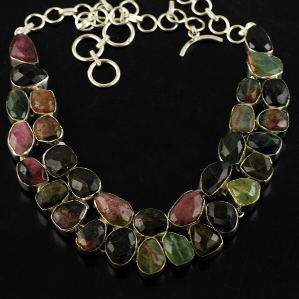 Exotic Faceted Multi Tourmaline Premium 925 Silver Necklace 105 Grams Free Shipping