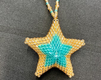 Handmade Bead Hanging Star Ornament Gold and Aqua Green  E-18