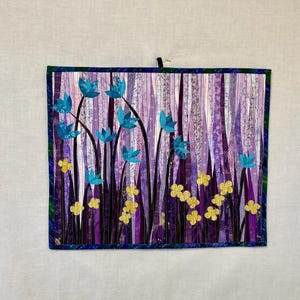 Cotton Fabric Art Quilt Wall Hanging Blue and Yellow Flowers
