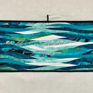 Wall Hanging Art Quilt Aqua White Abstract Waves