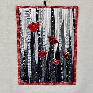 Wall Hanging Cotton Fabric Art Quilt Red Flowers