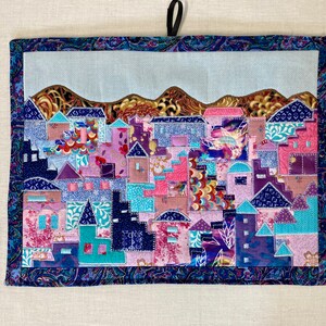 Villages Art Quilt in Blues and Pinks Wall Hanging