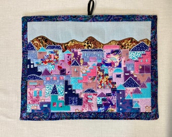 Villages Art Quilt in Blues and Pinks Wall Hanging  A-31