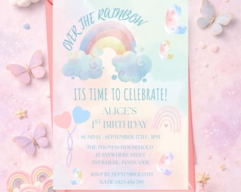 Over the Rainbow First Birthday Invitation – Pastel Rainbow & Butterfly Birthday Invite, Girl 1st Birthday Party, Editable Canva Template