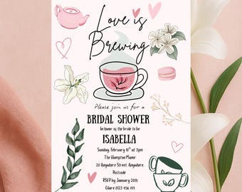 Tea Party Bridal Shower Invitation – Pastel Pink & Sage (Canva Template)