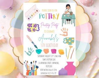 Editable Kid’s Pottery Painting Party Birthday Invitation (Digital Download)