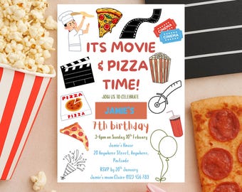 Kids Movie Pizza Party Birthday Invitation - Editable Canva Template