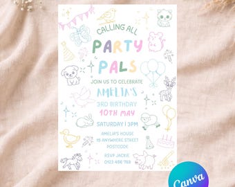 Pastel Animal Birthday Invitation: Editable Kids Party Invite (Canva Template)