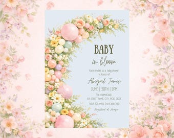 Baby in Bloom Invitation, Floral Baby shower Invitation, Girl Baby Shower, Printable and Editable