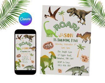 Dinosaur Birthday Invitation Template: Editable Kids Party Invite (Printable Canva Template)